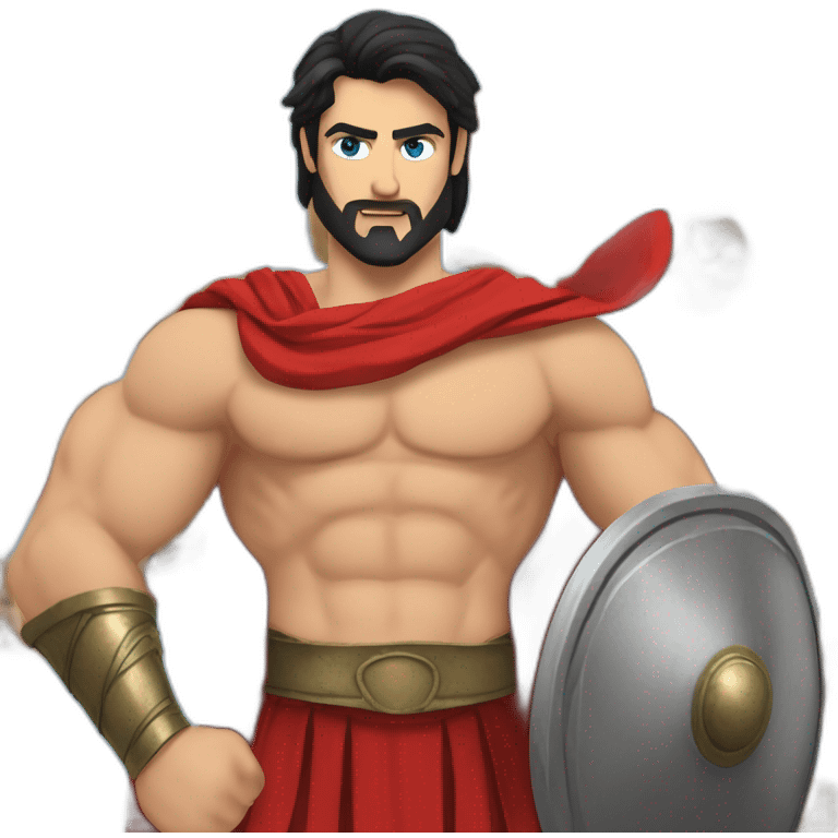 The Spartan Leonidas. Muscly physique. Wearing a red cape. Masculine. Black hair. Blue eyes. No beard. emoji