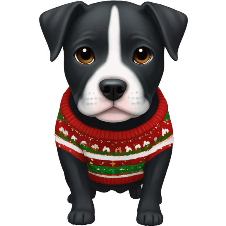 Little Staffordshire bullterrier black puppy in cute Christmas sweater emoji