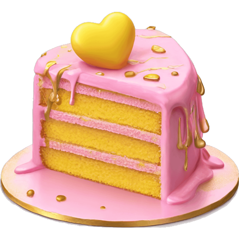 Realistic pink and yellow heart shaped layered cake with metallic gold icing dripping down the cake. emoji