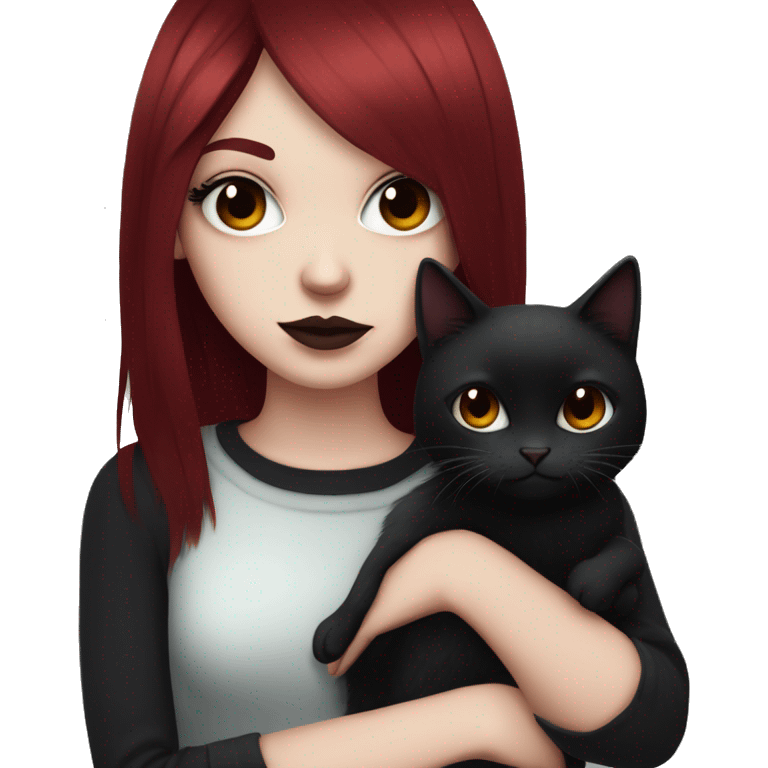 Pale girl with black eyeshadow and long  burgundy red colored hair with an emo haircut and layered holding a black cat emoji