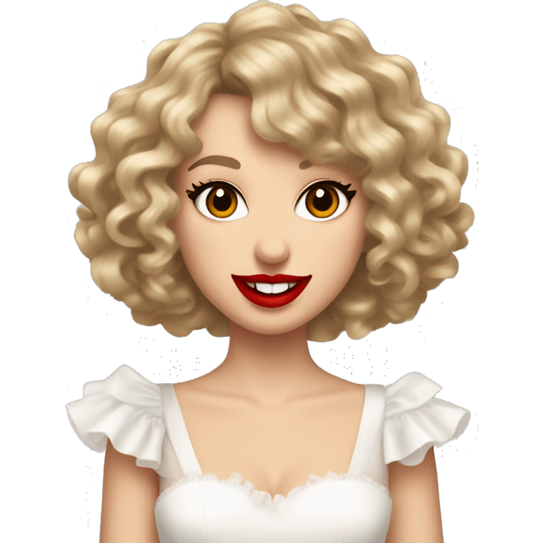 Simple Taylor Swift curly hair, number 13 on the back of her hand, wearing a frilly white dress, red lipstick, smiling, simple  emoji