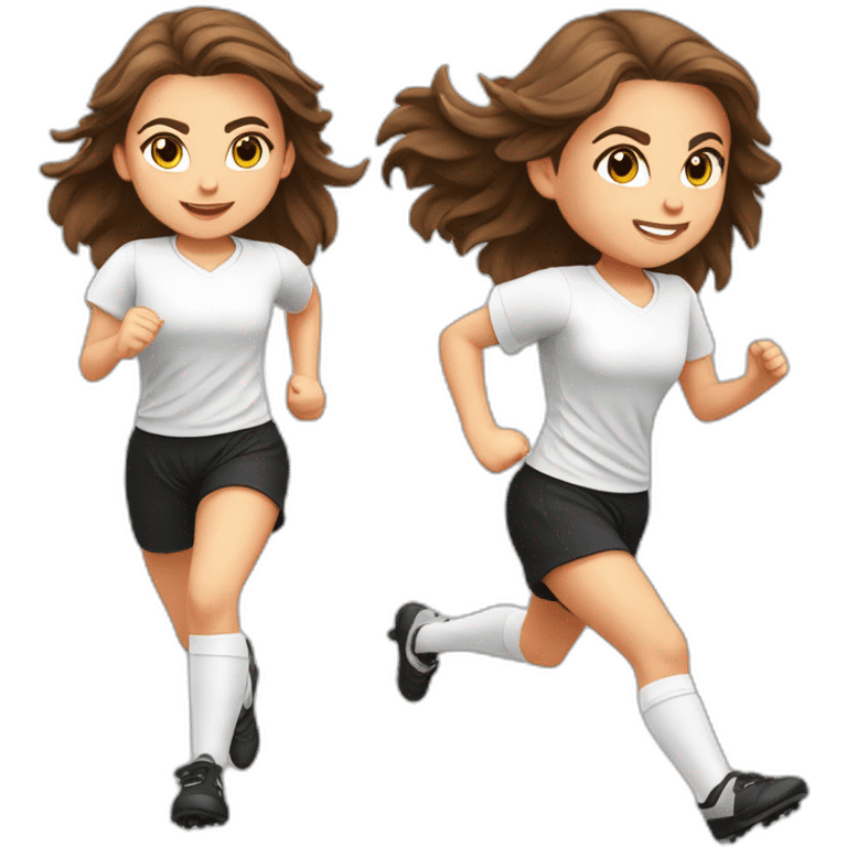 Caucasian girl with brown long hair running with a soccer ball wearing White short and black shorts emoji