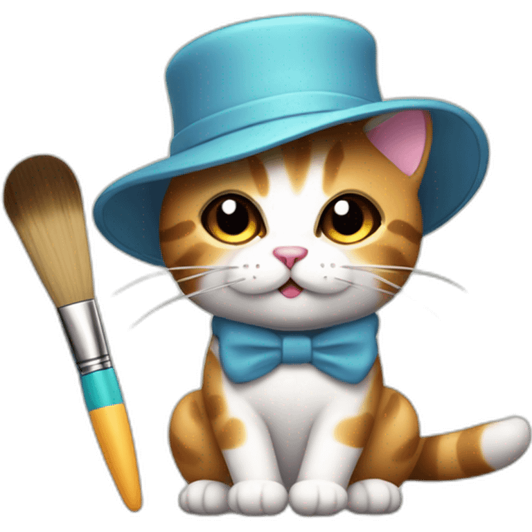 Kawaii cat artist in hat with palette and brush so it can be used as a mouse cursor emoji