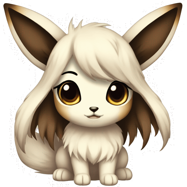 Kawaii Pale Shiny Eevee with dark brown long emo hair covering her eyes Full Body emoji