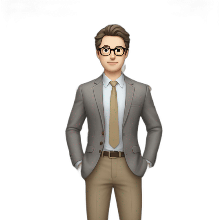 Full height Pale skinned Fit Man With dark brown hair in gray jacket, beige office shirt, tie, Brown pants and vintage glasses. Thrumbs of his palms directed up emoji