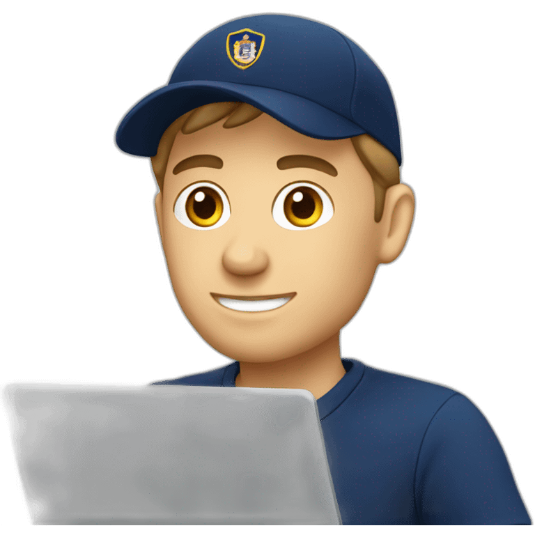 european guy wearing navy cap using laptop emoji