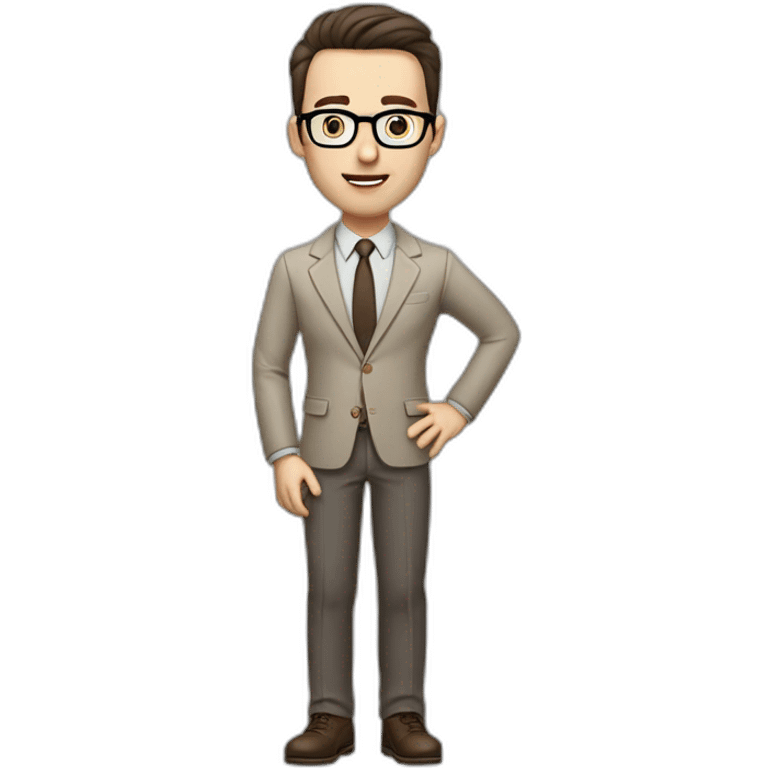 Full height Gesticulating Pale skinned fit man with dark brown hair in gray jacket, beige office shirt, brown tie, brown pants and vintage glasses. emoji