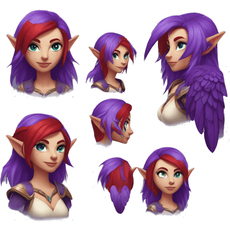 Night Elf Female with red hair, Purple skin with freckles angular feathers, glowing blue eyes with no iris or sclera, thumbs up emoji