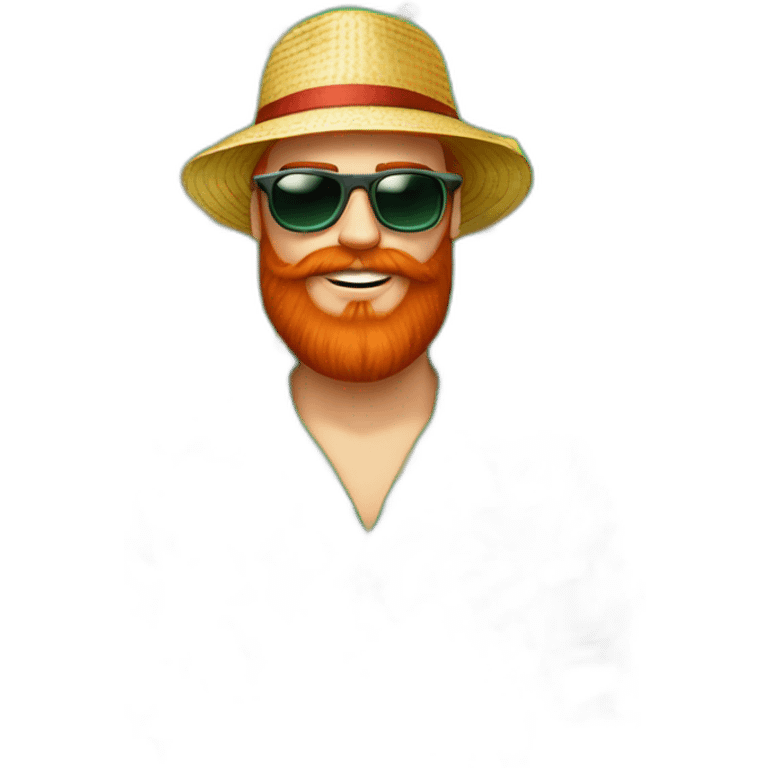 Bright Red beard wearing a floral shirt and wearing green sunglasses and a bucket hat emoji