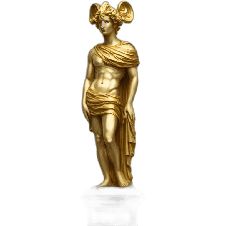 distant view of full length abstract renaissance statue of colorful figure with mask on gold glittering greek style plinth, 4K resolution emoji