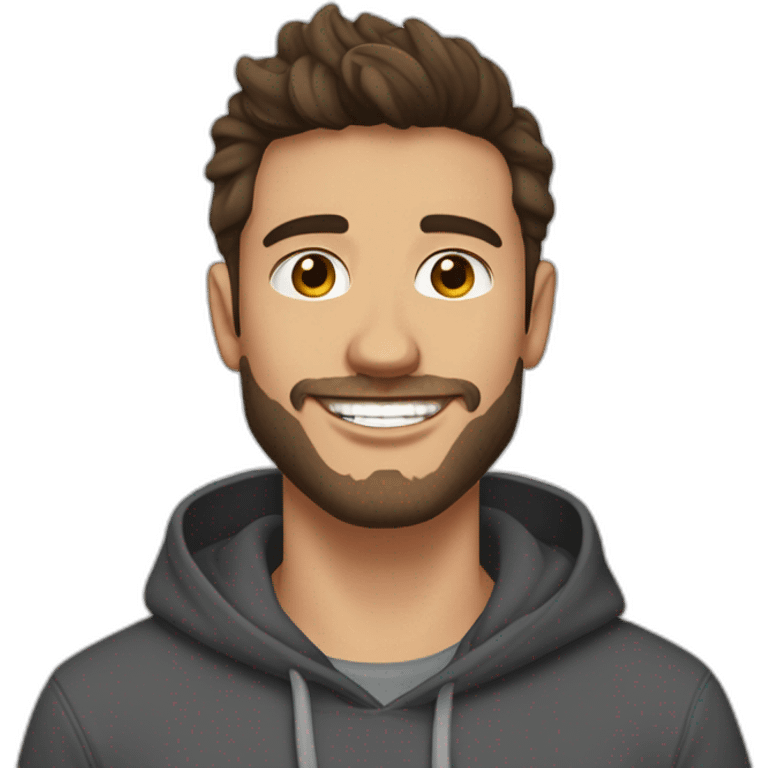 young man  fit with short beard smiling medium long curvy rockabilly style brown hair with light skin and dark brown eyes wearing dark gray sweatshirt hoodie emoji