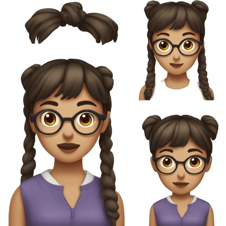 girl with oversized round glasses and straight brown hair with blunt bangs and a pony tail in a scrunchie  emoji