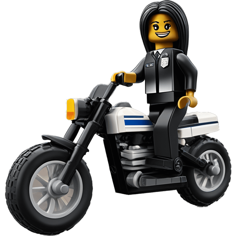 Lego, Jeffery New York Evening Gown Barbie, Wednesday Addams from academy, in vertically-striped dark-gray and black police officer’s uniform with small hat. Leaning back at the hips, riding a wheelie on a hot rod bike smiling  emoji