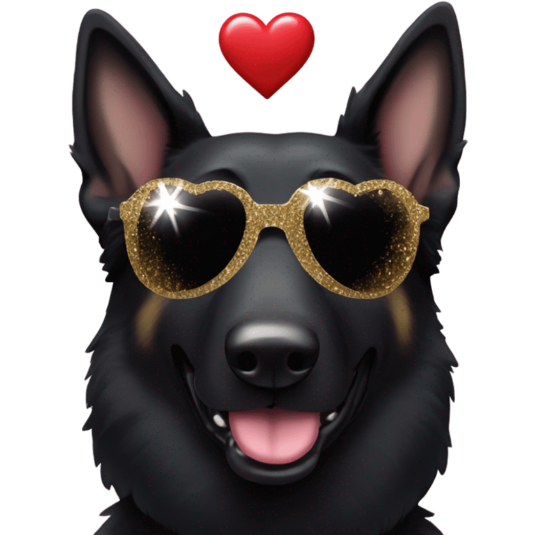 All black German shepherd with glitter and heart glasses emoji