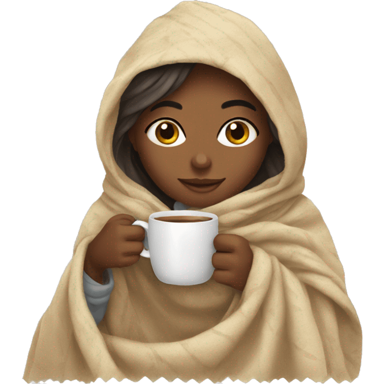 Girl drinking coffee, with a cozy blanket emoji