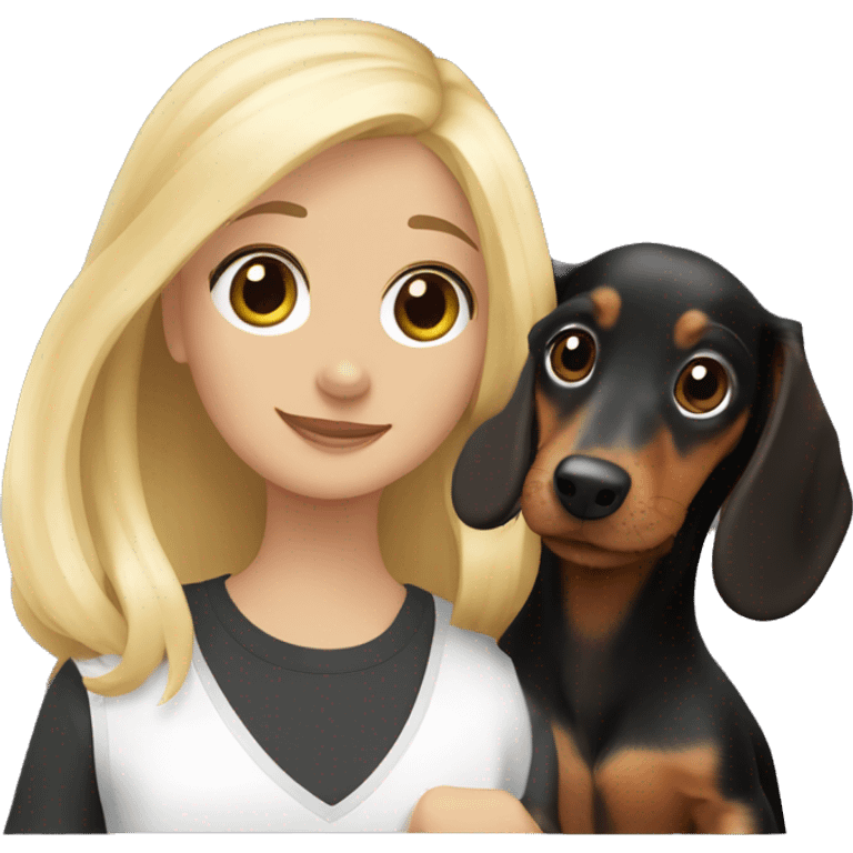 Long-haired black dachshund puppy with blonde girl emoji