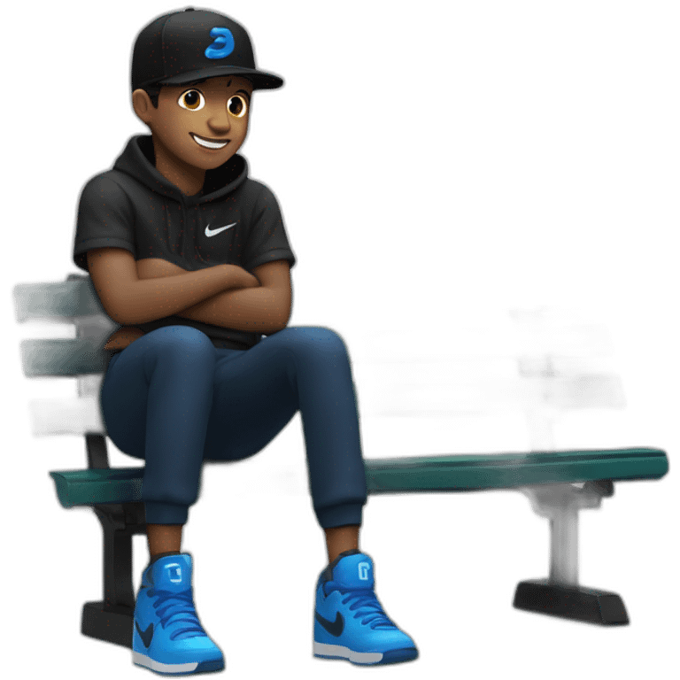 smiling boy,in black , sentado en un banco, con gorra, zapato Nike color negro con azul emoji