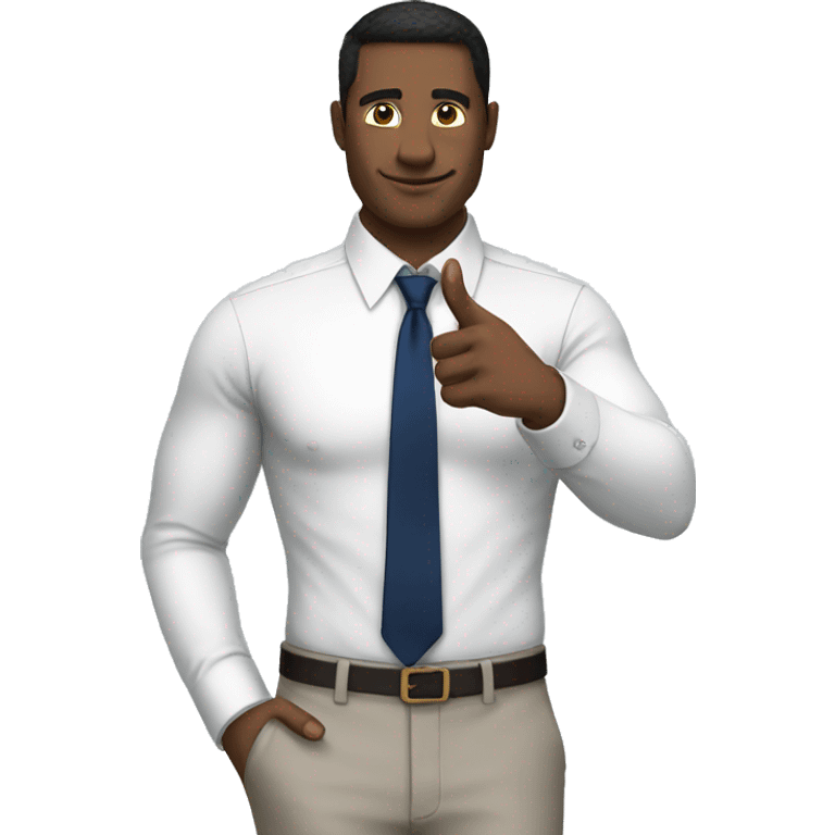 A modern man white shirt and  navy blue tie showing one finger  emoji