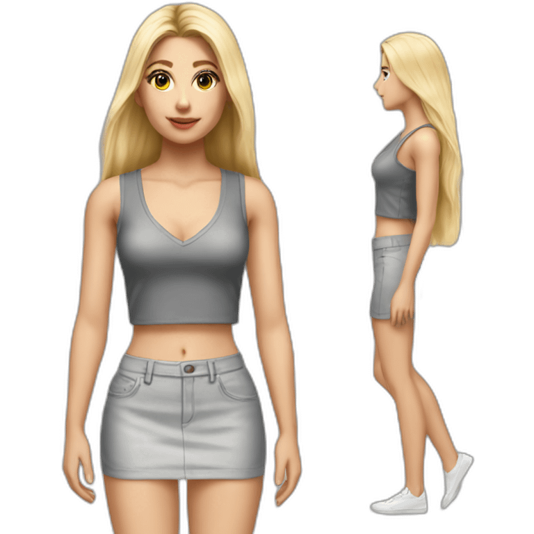 hyperrealistic caucasian blonde, long straight hair, white deep v-neck crop tanktop, gray tight mini skirt, body view emoji