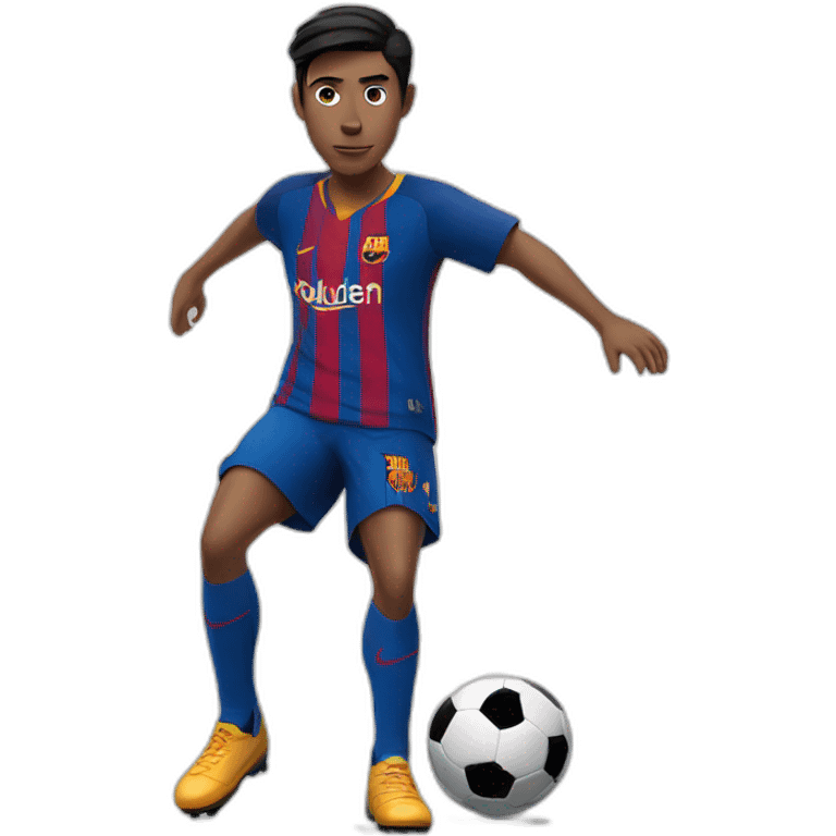 Teenager with black hair and fair skin playing soccer with ball in barcelona jersey emoji