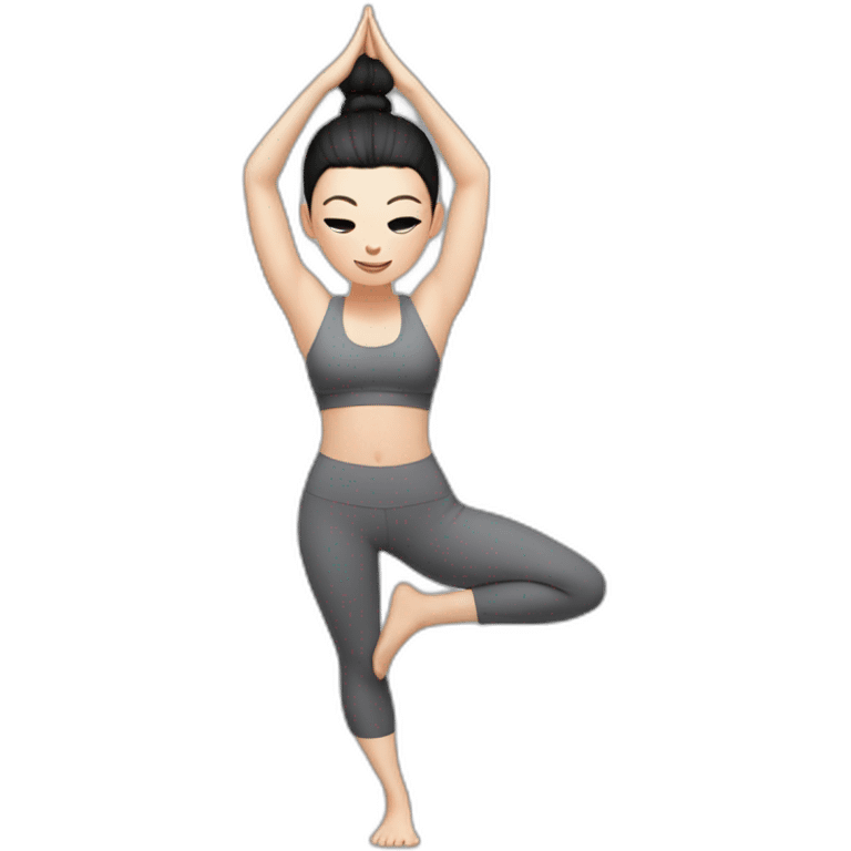 Pale skinned fit woman In a gray tight yoga suit and wristbands With black hair in a bun doing yoga emoji