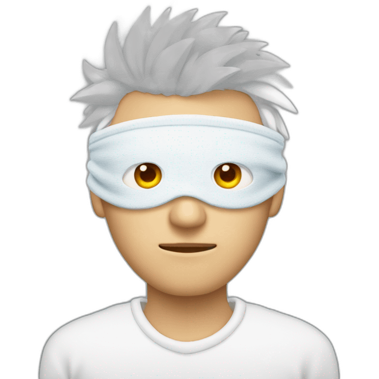 Man with blue eyes wearing blindfold covering his eyes and has white spiky hair and is wearing white sweater emoji