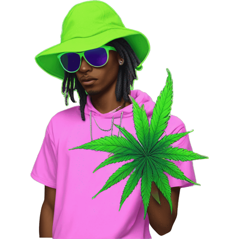 Hemp leaves Multicoloured neon person smoking wearing hoodie dancing hip hop bucket hat tropical Skater fashion aesthetic baggy clothes graphic t shirt 420 emoji