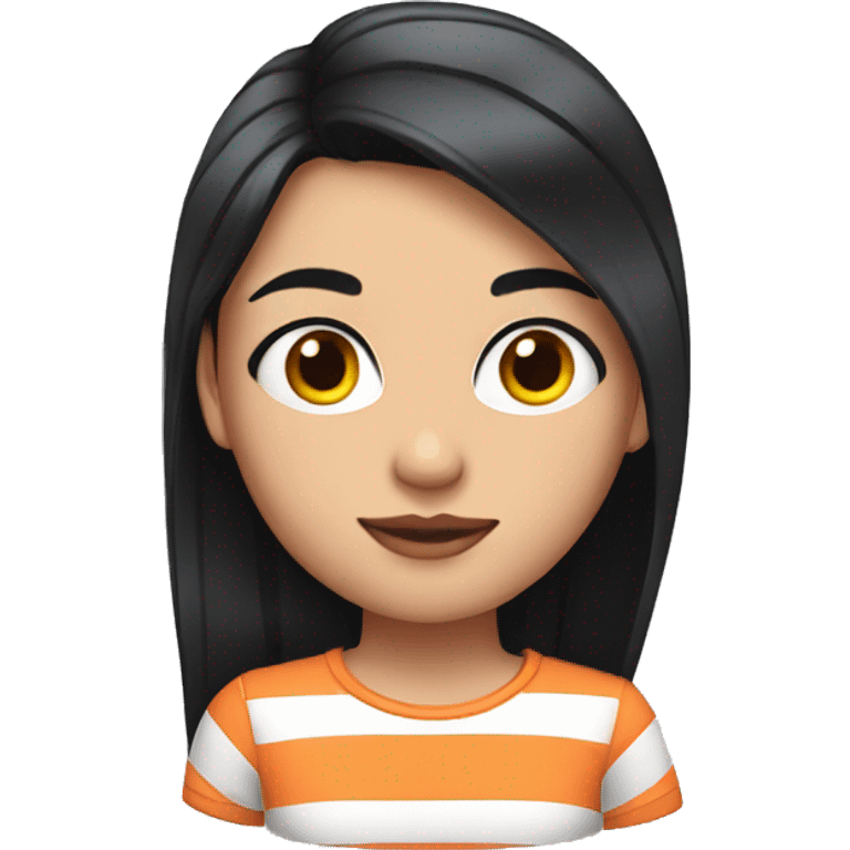 girl with long black hair wearing a striped t-shirt and an eyebrow with a shaved line emoji