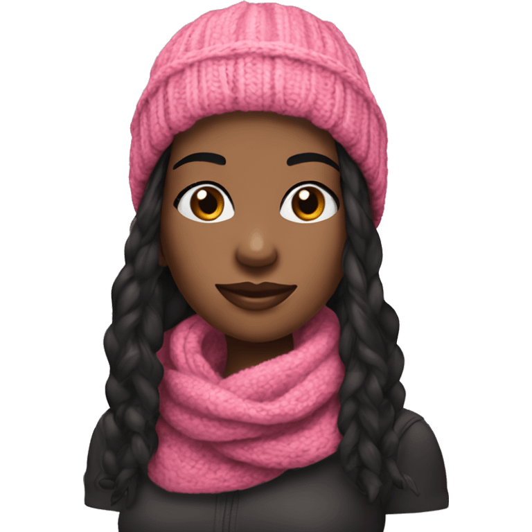  pretty black woman beanie long black hair with winter pink neck scarf  emoji