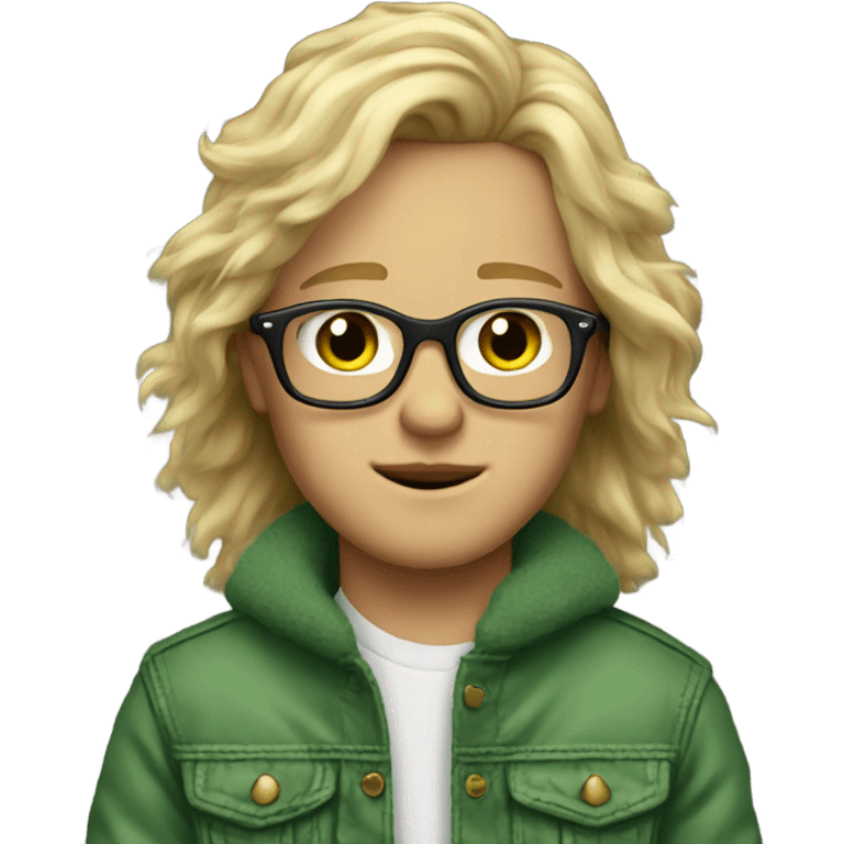 blonde long haired boy with green eyes glasses jean jacket with fur lining emoji