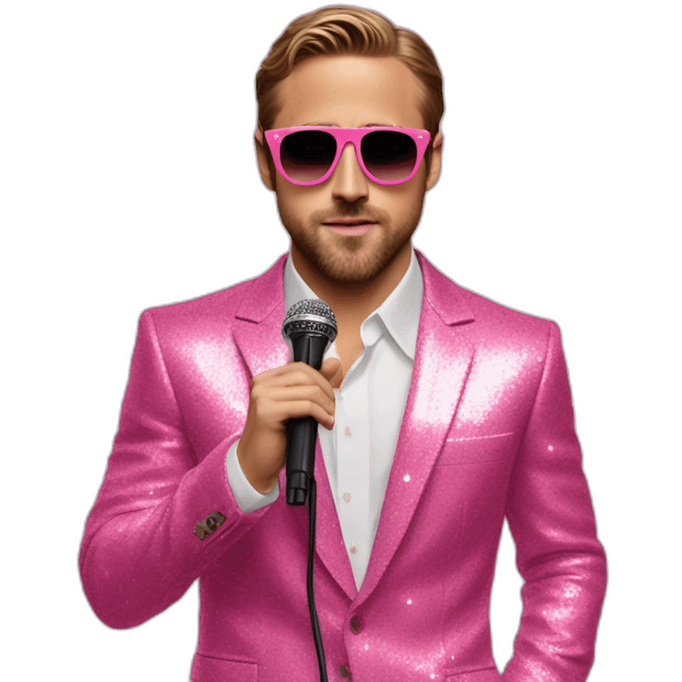 Ryan Gosling in pink glittery suit and pink sunglasses singing with mic emoji