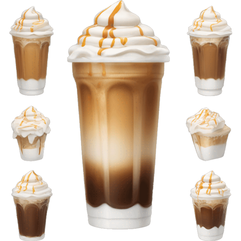 Iced coffee topped with whipped cream and caramel emoji