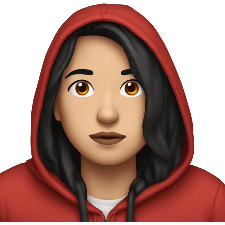 Sad student in red hoodie with black hair emoji