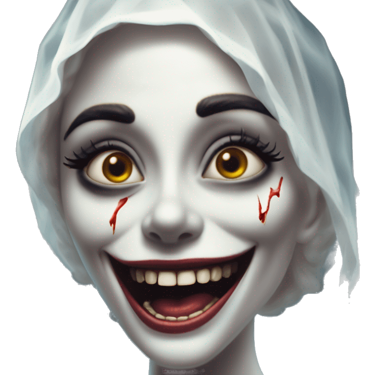 Laughing undead bride in Uncle Scrooge style, oil paint, mysterious eyes, intricate lips, masterpiece pose, odd perspective, beautiful, desirable, logical emoji