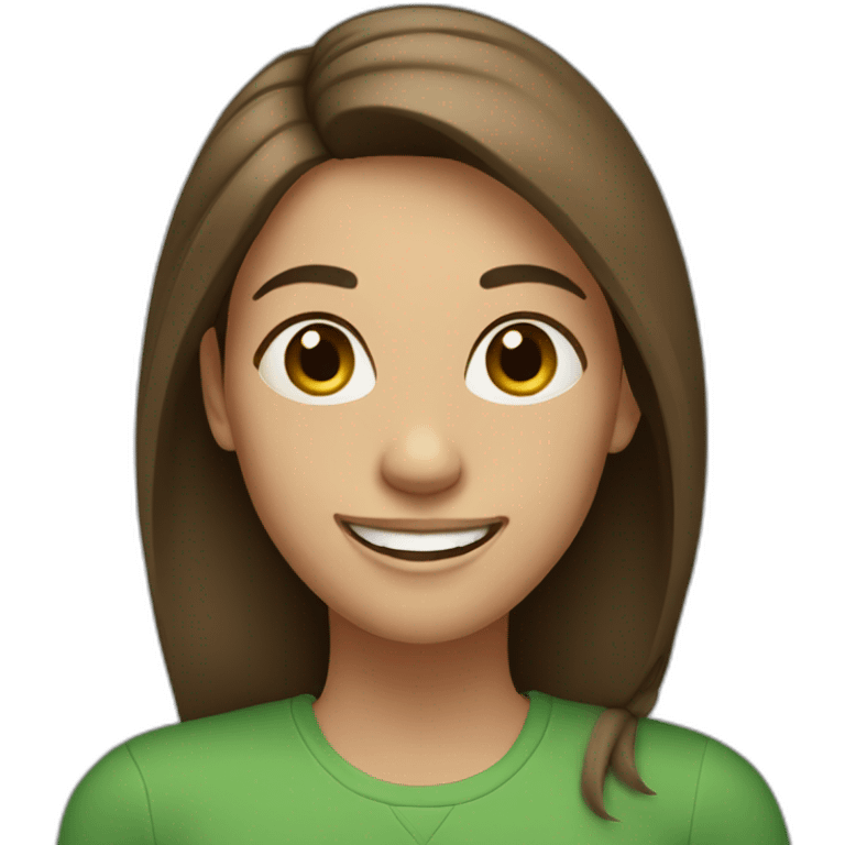 Woman with straight brown hair, big smile, green shirt emoji