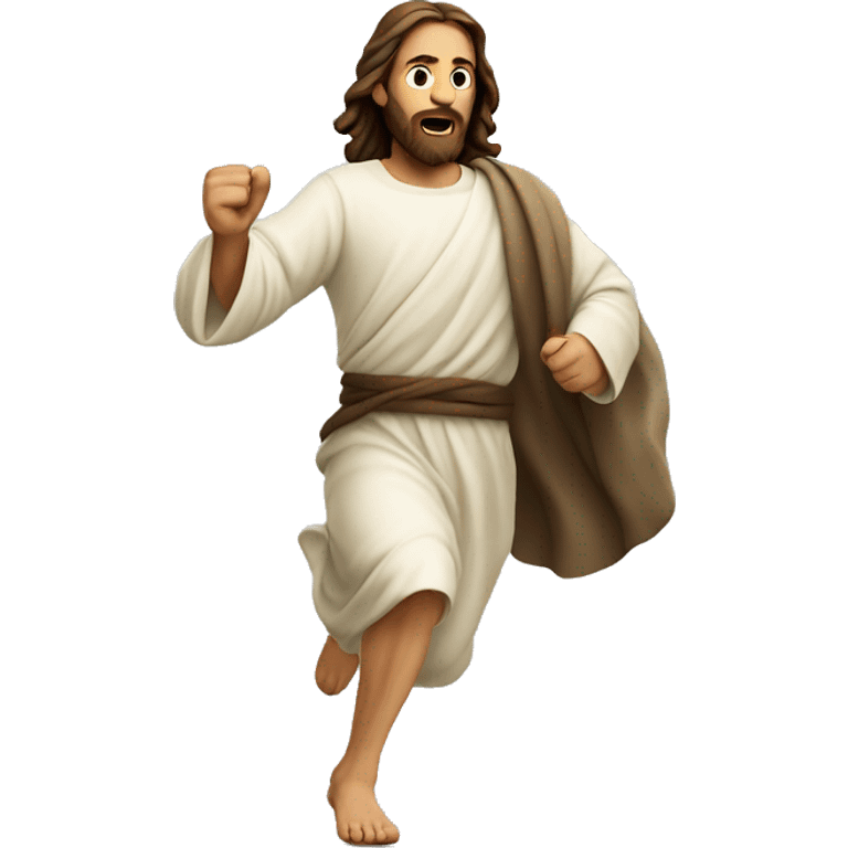 Jesus running quickly, determined face, with a large stride emoji