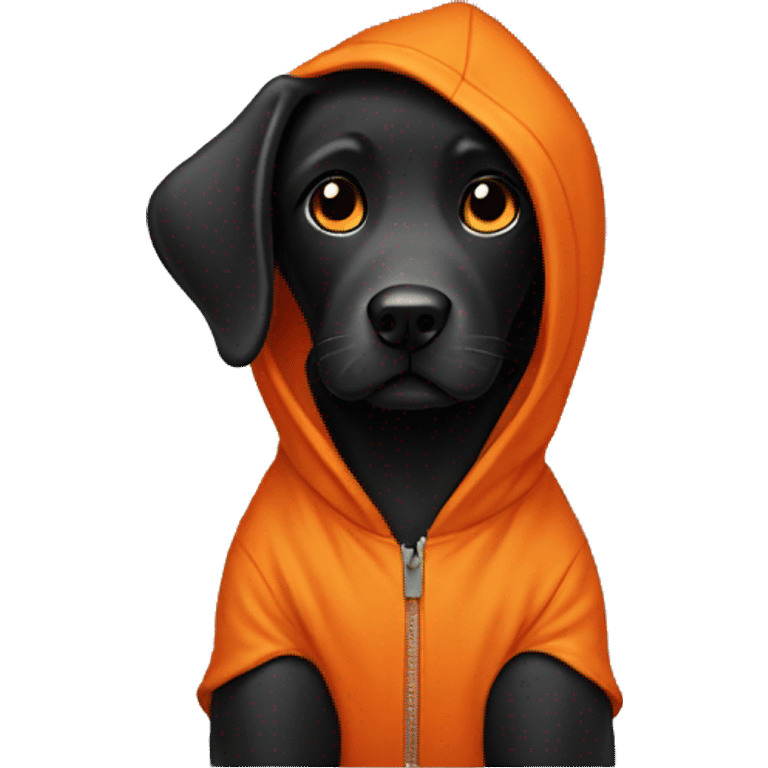 Black lab wearing a  orange hoodie emoji