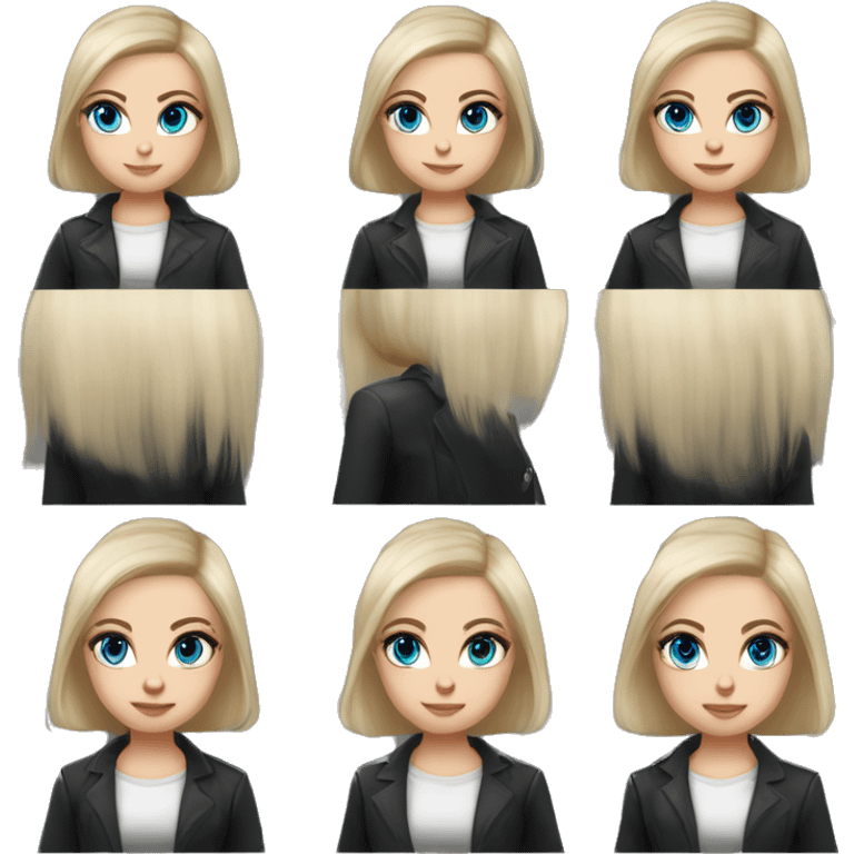 waist-length portrait, Slavic adult woman, goth eyes makeup, blue eyes, medium bob black-to-blonde ombre straight hair, white T-shirt and black office jacket. emoji