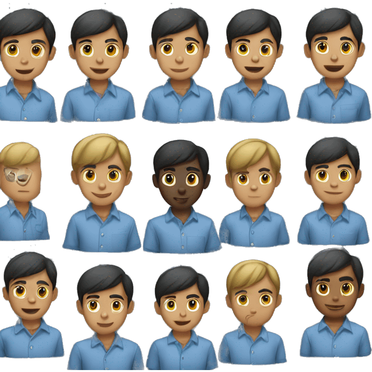 indonesian boy wearing a blue workshirt working typing on macbook laptop emoji