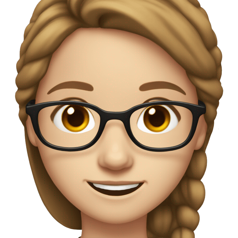 white girl with brown hair, brown eyes, with glasses, smiling and blinking emoji