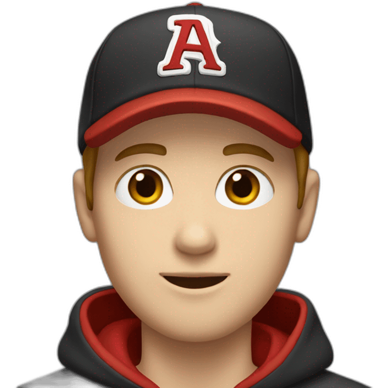 white guy with a red baseball cap backwards, brown hair, short hair, and a black hoodie,  emoji