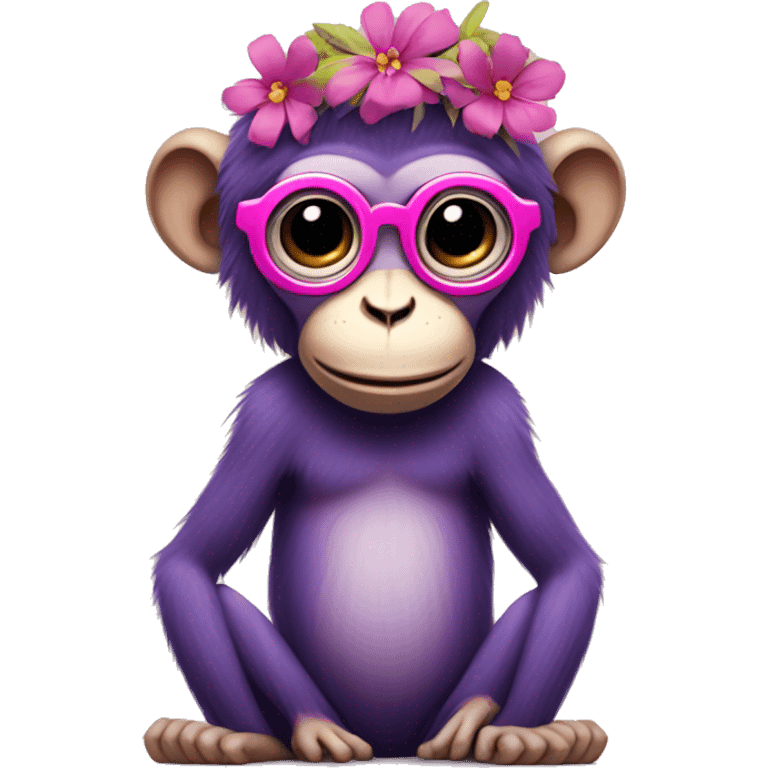 A purple monkey with no legs just arms and wearing a pink and yellow flower crown with circle glasses  emoji