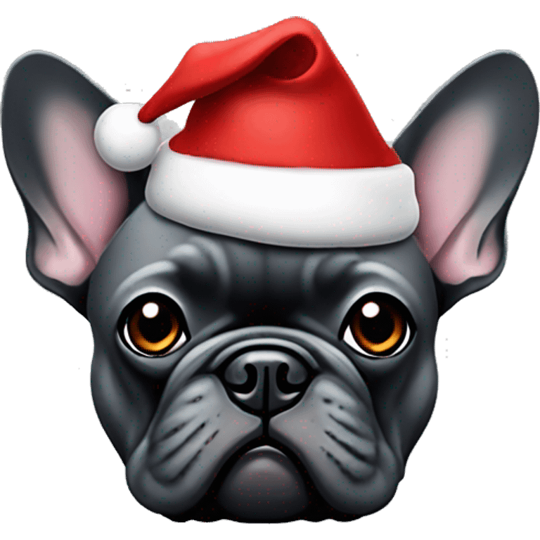 dark grey french bulldog wearing a santa hat emoji