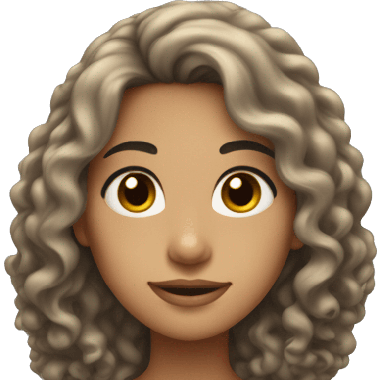 Showing Head, Tan skin woman, thick very long curly black hair , dark eyes, soft smile emoji