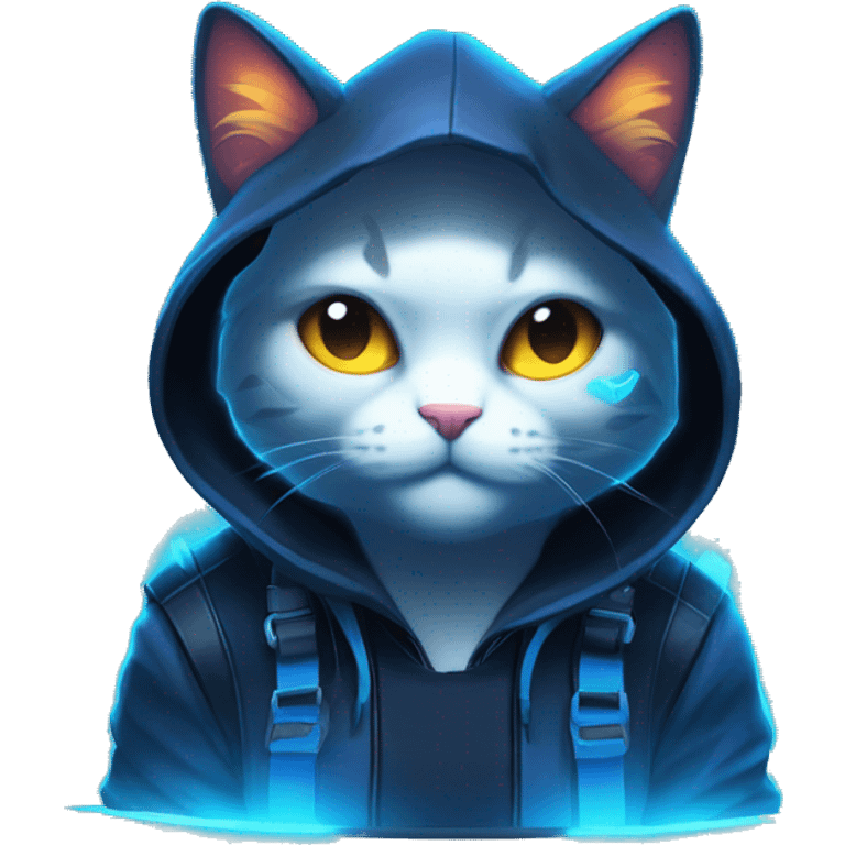 Side view developer cat behind his laptop with this style : Riot Games Valorant neon glowing bright blue character blue black hooded assassin themed character emoji