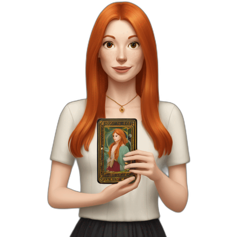 redhead white woman medium long straight hair, holding a tarot card in her hand emoji