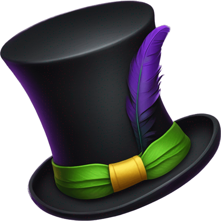 Realistic isolated black voodoo top hat with purple buckle around top of hat with purple,green,and yellow feather stuck in it. emoji