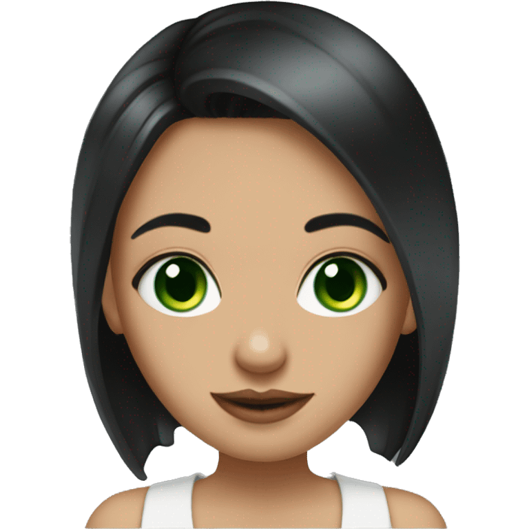 girl, dark hair, green eyes, nose wing piercings and septum.  emoji