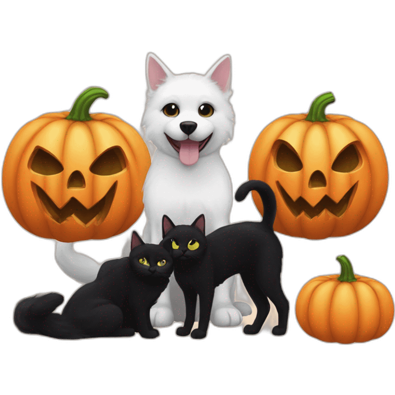 Completely Black cat next to two white dogs next to Halloween pumpkin emoji