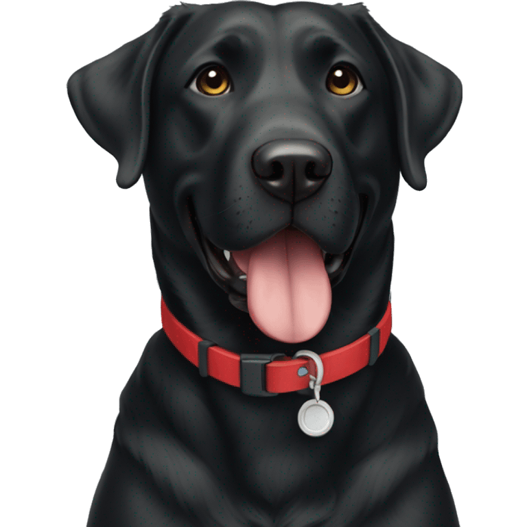 TWO happy adult BLACK labradors. one with a red collar and the other has a blue collar emoji